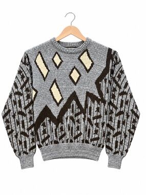 VTG 90s Barnaby Geometric Knit Grandpa Sweater Small Grey Black Intarsia Coogi